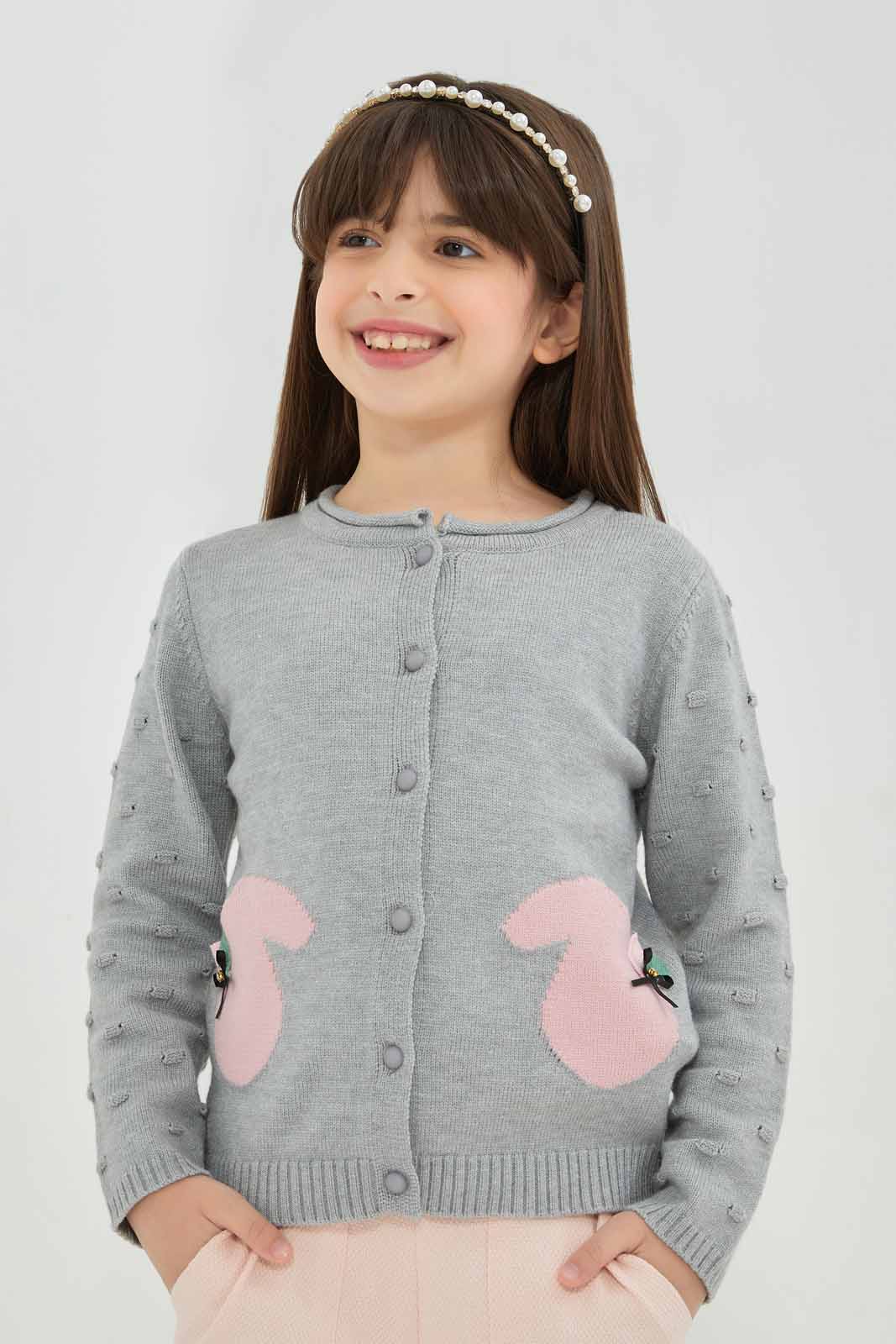 Redtag-Girls-Grey-Melange-With-Pink-Pocket-Long-Sleeve-Cardigans-Category:Cardigans,-Colour:Grey,-Deals:New-In,-Filter:Girls-(2-to-8-Yrs),-GIR-Cardigans,-New-In-GIR-APL,-Non-Sale,-Section:Girls-(0-to-14Yrs),-W22B-Girls-2 to 8 Years