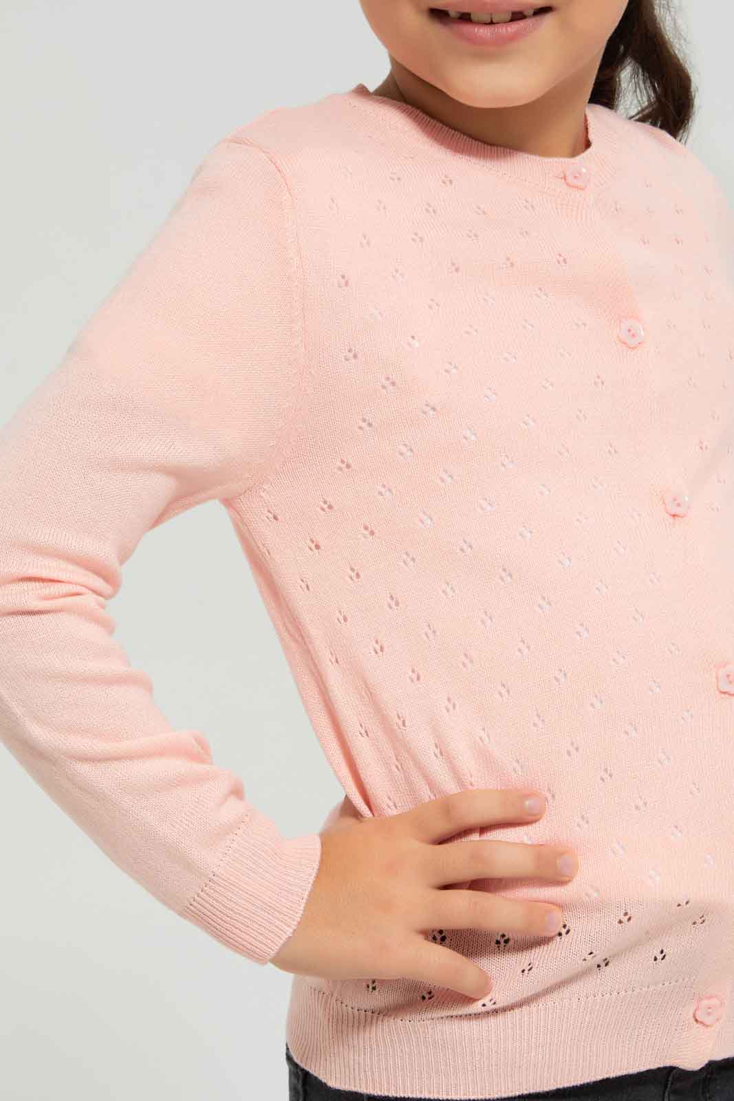 Redtag-Girls-Knitwear-Cardi---Pink-Category:Cardigans,-Colour:Apricot,-Deals:New-In,-Dept:Girls,-Filter:Girls-(2-to-8-Yrs),-GIR-Cardigans,-New-In-GIR-APL,-Non-Sale,-Section:Girls-(0-to-14Yrs),-VLM,-W22B-Girls-2 to 8 Years