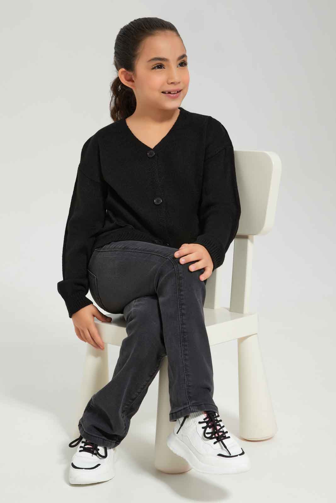 Redtag-Girls-Knitwear-Cardi---Grey-Melange-Category:Cardigans,-Colour:Black,-Deals:New-In,-Dept:Girls,-Filter:Girls-(2-to-8-Yrs),-GIR-Cardigans,-New-In-GIR-APL,-Non-Sale,-Section:Girls-(0-to-14Yrs),-VLM,-W22B-Girls-2 to 8 Years