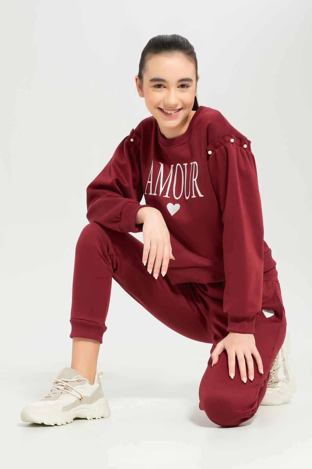 Redtag-Girls-Burgundy-Embroided-Pullon-Jogsuit-Category:Jog-Sets,-Colour:Burgundy,-Deals:New-In,-Dept:Girls,-Filter:Senior-Girls-(8-to-14-Yrs),-GSR-Jog-Sets,-New-In-GSR-APL,-Non-Sale,-Section:Girls-(0-to-14Yrs),-W22B--