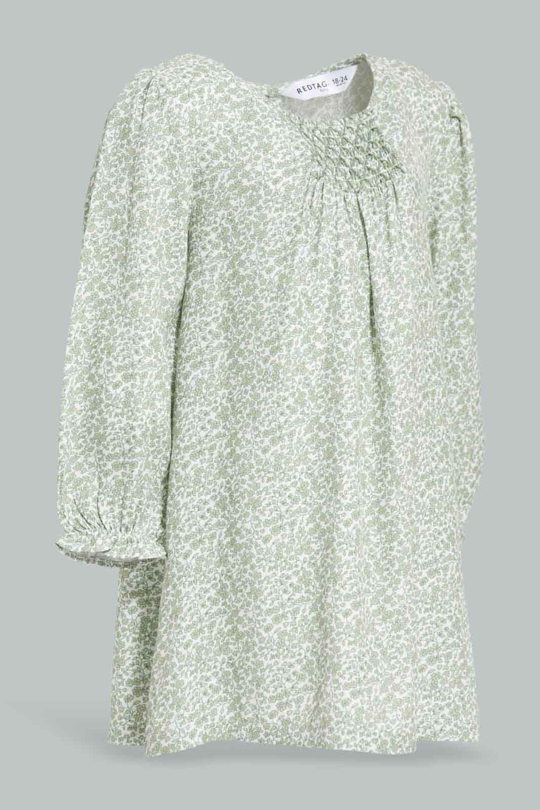 Redtag-Girls-Green-Allover-Print-Twill-Ls-Dress-Category:Dresses,-Colour:Green,-Deals:New-In,-Dept:Girls,-Filter:Infant-Girls-(3-to-24-Mths),-ING-Dresses,-New-In-ING-APL,-Non-Sale,-Section:Girls-(0-to-14Yrs),-W22B-Infant-Girls-3 to 24 Months