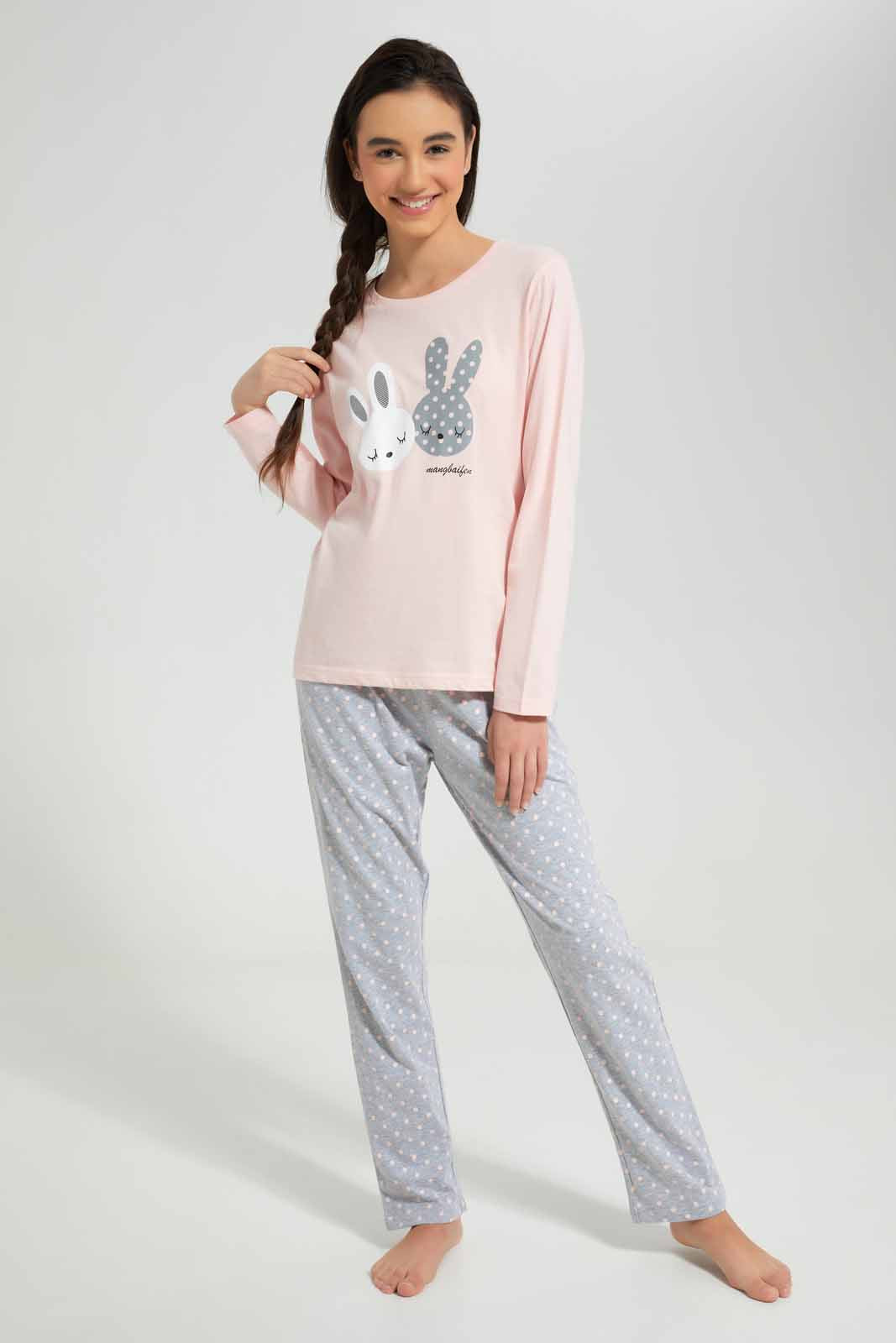 Redtag-Girls-Pink/Mid-Grey-Ls-Pj-Set-Category:Pyjama-Sets,-Colour:Assorted,-Deals:New-In,-Dept:Girls,-Filter:Senior-Girls-(8-to-14-Yrs),-GSR-Pyjama-Sets,-New-In-GSR-APL,-Non-Sale,-Section:Girls-(0-to-14Yrs),-W22B-Senior-Girls-9 to 14 Years