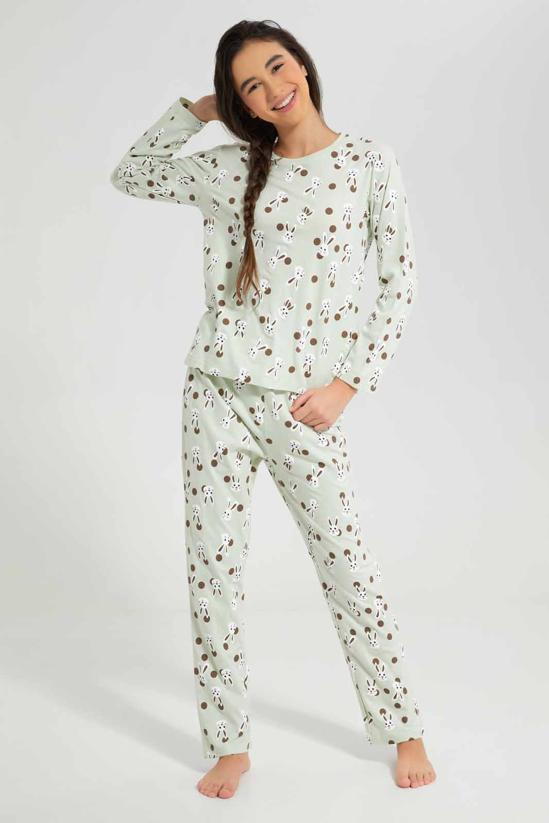 Redtag-Girls-Green-Bunny-Aop-Ls-Pj-Set-Category:Pyjama-Sets,-CHR,-Colour:Assorted,-Deals:New-In,-Filter:Senior-Girls-(8-to-14-Yrs),-GSR-Pyjama-Sets,-New-In-GSR-APL,-Non-Sale,-Section:Girls-(0-to-14Yrs),-W22B-Senior-Girls-9 to 14 Years