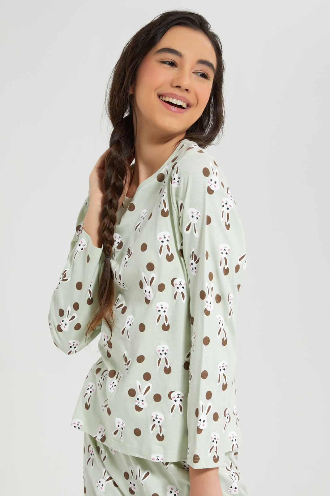 Redtag-Girls-Green-Bunny-Aop-Ls-Pj-Set-Category:Pyjama-Sets,-CHR,-Colour:Assorted,-Deals:New-In,-Filter:Senior-Girls-(8-to-14-Yrs),-GSR-Pyjama-Sets,-New-In-GSR-APL,-Non-Sale,-Section:Girls-(0-to-14Yrs),-W22B-Senior-Girls-9 to 14 Years