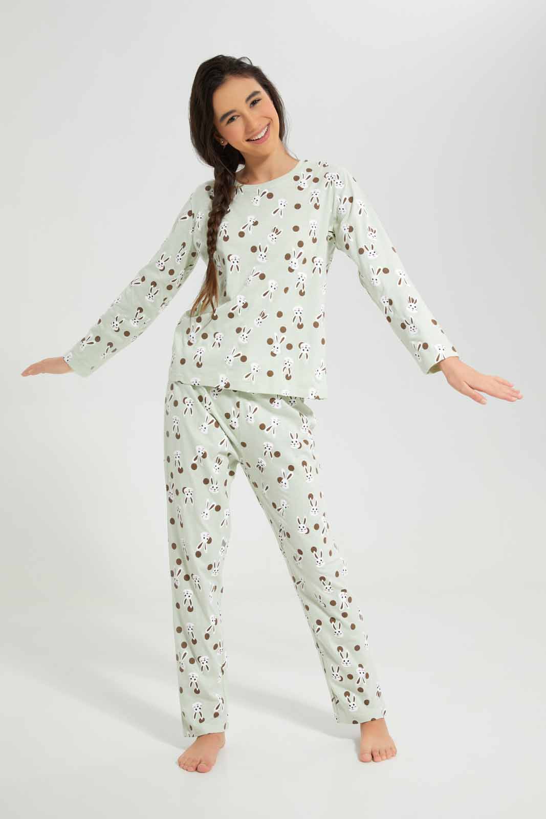 Redtag-Girls-Green-Bunny-Aop-Ls-Pj-Set-Category:Pyjama-Sets,-CHR,-Colour:Assorted,-Deals:New-In,-Filter:Senior-Girls-(8-to-14-Yrs),-GSR-Pyjama-Sets,-New-In-GSR-APL,-Non-Sale,-Section:Girls-(0-to-14Yrs),-W22B-Senior-Girls-9 to 14 Years