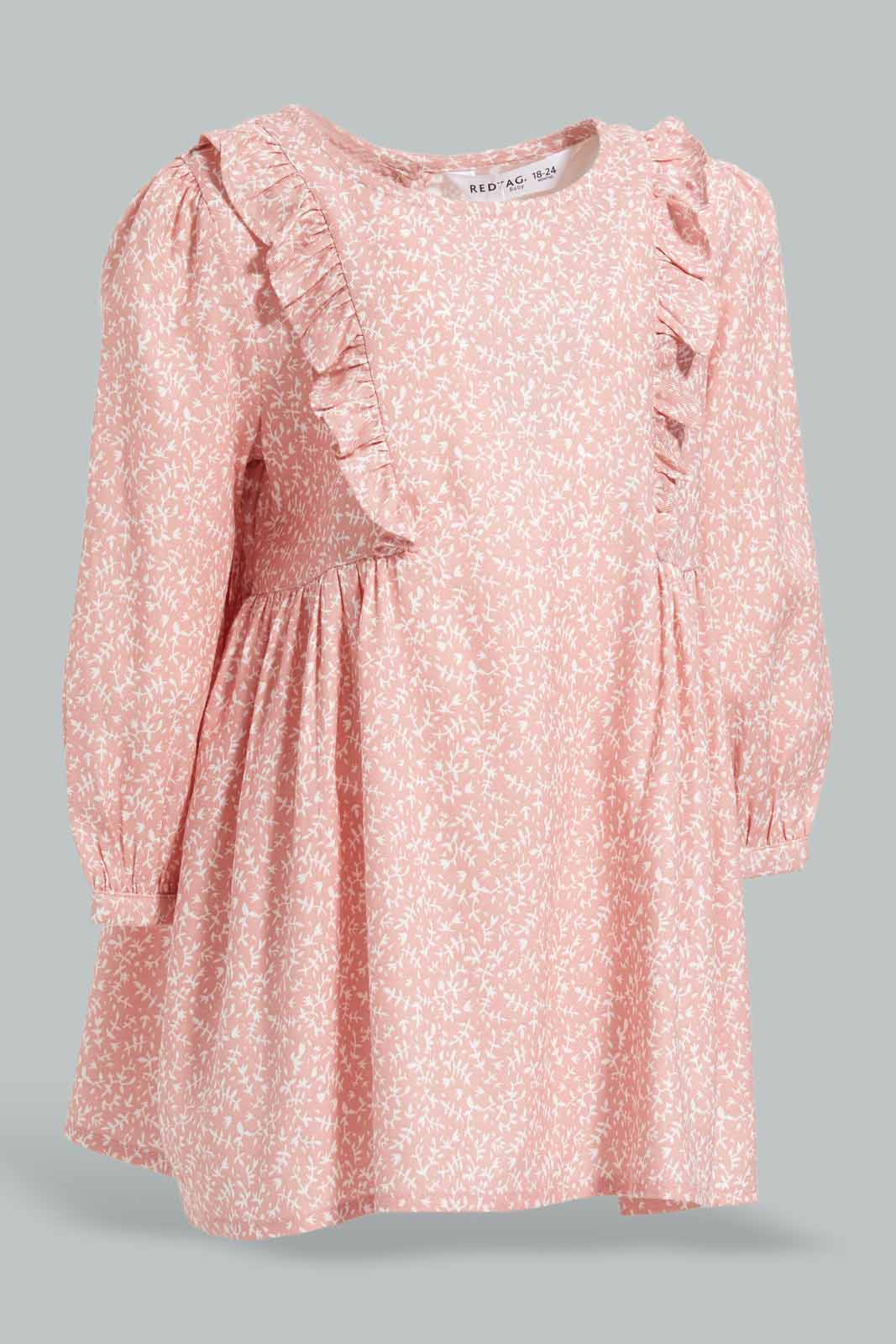 Redtag-Girls-Dusty-Pink-Allover-Print-L/S-Twill-Dress-Category:Dresses,-Colour:Apricot,-Deals:New-In,-Filter:Infant-Girls-(3-to-24-Mths),-ING-Dresses,-New-In-ING-APL,-Non-Sale,-Section:Girls-(0-to-14Yrs),-W22B-Infant-Girls-3 to 24 Months