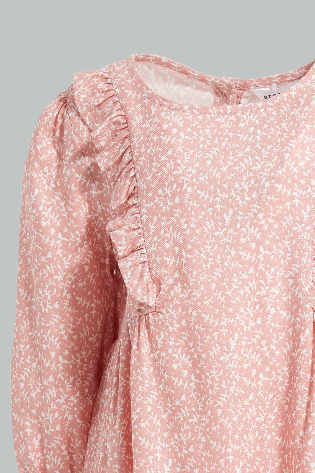 Redtag-Girls-Dusty-Pink-Allover-Print-L/S-Twill-Dress-Category:Dresses,-Colour:Apricot,-Deals:New-In,-Filter:Infant-Girls-(3-to-24-Mths),-ING-Dresses,-New-In-ING-APL,-Non-Sale,-Section:Girls-(0-to-14Yrs),-W22B-Infant-Girls-3 to 24 Months
