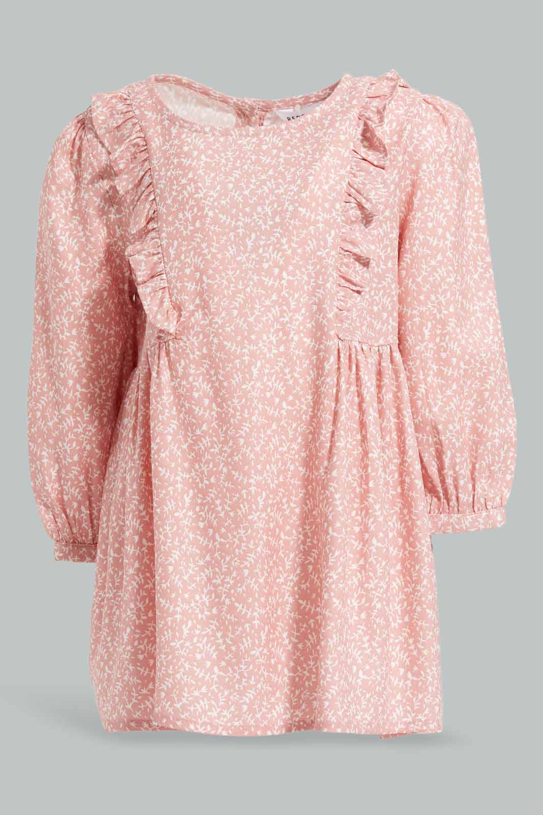Redtag-Girls-Dusty-Pink-Allover-Print-L/S-Twill-Dress-Category:Dresses,-Colour:Apricot,-Deals:New-In,-Filter:Infant-Girls-(3-to-24-Mths),-ING-Dresses,-New-In-ING-APL,-Non-Sale,-Section:Girls-(0-to-14Yrs),-W22B-Infant-Girls-3 to 24 Months