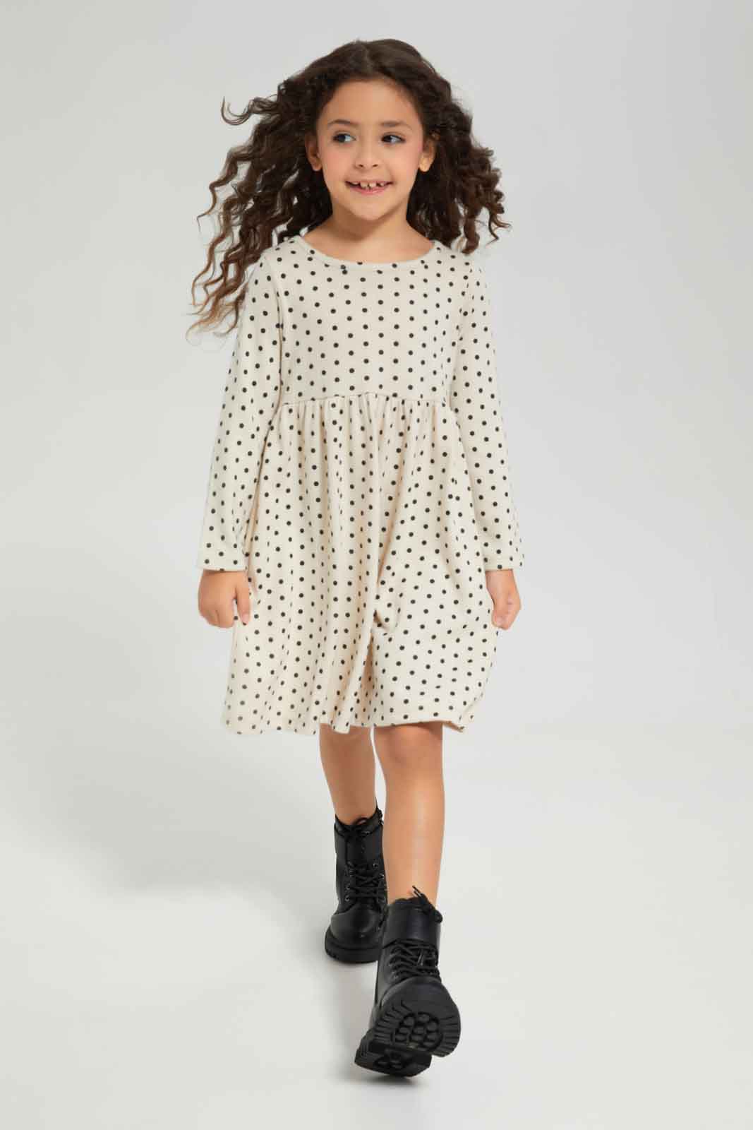 Redtag-Girls-Beige-Aop-Dot-Dress-Category:Dresses,-Colour:Green,-Deals:New-In,-Dept:Girls,-Filter:Girls-(2-to-8-Yrs),-GIR-Dresses,-New-In-GIR-APL,-Non-Sale,-Section:Girls-(0-to-14Yrs),-W22B-Girls-2 to 8 Years