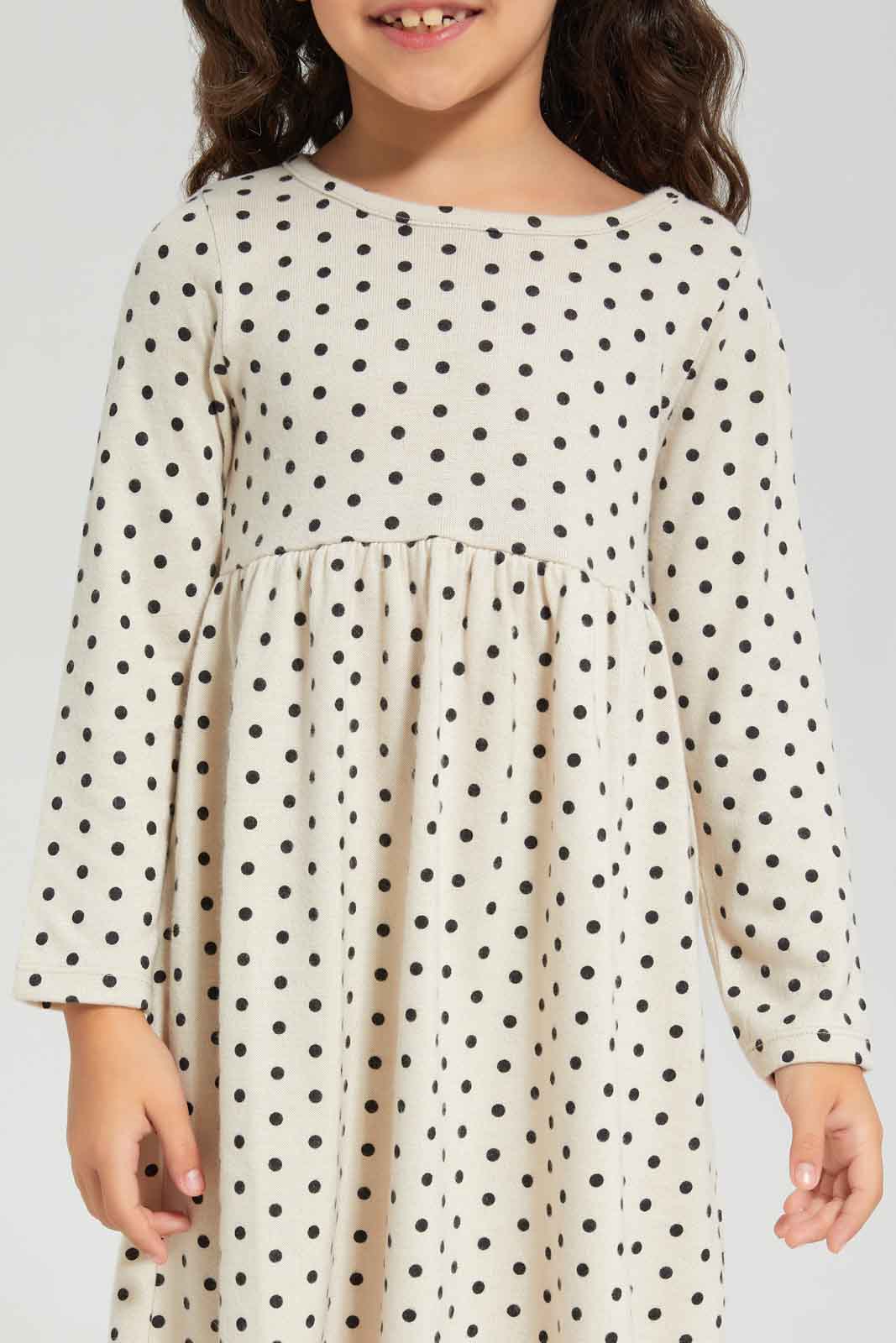 Redtag-Girls-Beige-Aop-Dot-Dress-Category:Dresses,-Colour:Green,-Deals:New-In,-Dept:Girls,-Filter:Girls-(2-to-8-Yrs),-GIR-Dresses,-New-In-GIR-APL,-Non-Sale,-Section:Girls-(0-to-14Yrs),-W22B-Girls-2 to 8 Years
