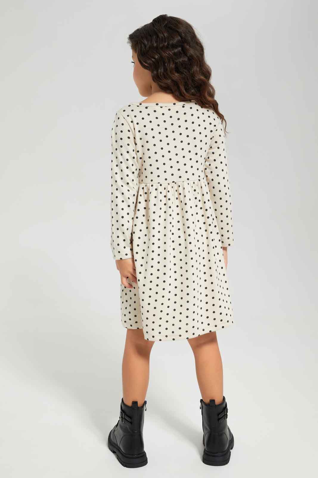Redtag-Girls-Beige-Aop-Dot-Dress-Category:Dresses,-Colour:Green,-Deals:New-In,-Dept:Girls,-Filter:Girls-(2-to-8-Yrs),-GIR-Dresses,-New-In-GIR-APL,-Non-Sale,-Section:Girls-(0-to-14Yrs),-W22B-Girls-2 to 8 Years