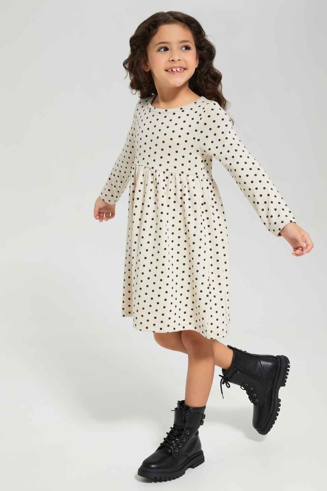 Redtag-Girls-Beige-Aop-Dot-Dress-Category:Dresses,-Colour:Green,-Deals:New-In,-Dept:Girls,-Filter:Girls-(2-to-8-Yrs),-GIR-Dresses,-New-In-GIR-APL,-Non-Sale,-Section:Girls-(0-to-14Yrs),-W22B-Girls-2 to 8 Years
