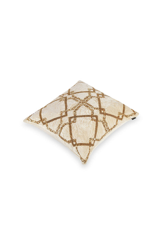 Redtag-Beige-With-Gold-Geometric-Bead-Work-Cushion-Category:Cushions,-Colour:Beige,-Deals:New-In,-Dept:Home,-Filter:Home-Bedroom,-HMW-BED-Cushions,-New-In-HMW-BED,-Non-Sale,-S23A,-Section:Homewares-Home-Bedroom-