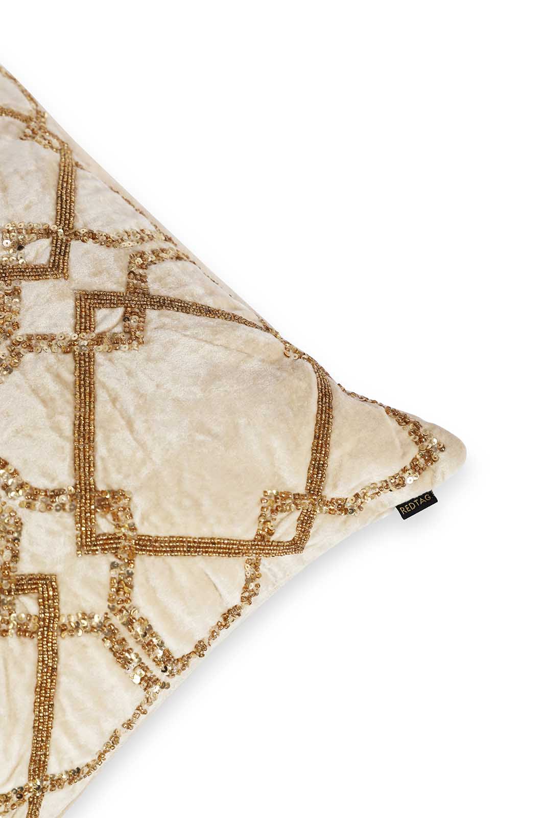Redtag-Beige-With-Gold-Geometric-Bead-Work-Cushion-Category:Cushions,-Colour:Beige,-Deals:New-In,-Dept:Home,-Filter:Home-Bedroom,-HMW-BED-Cushions,-New-In-HMW-BED,-Non-Sale,-S23A,-Section:Homewares-Home-Bedroom-