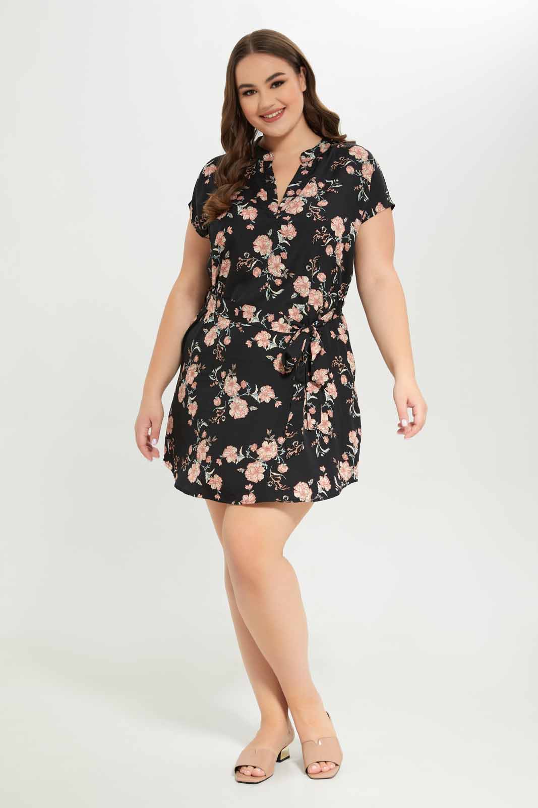 Redtag-Women-Black-Floral-Print-Belted-Tunic-Category:Blouses,-Colour:Assorted,-Deals:New-In,-Dept:Ladieswear,-Filter:Plus-Size,-LDP-Blouses,-New-In-LDP-APL,-Non-Sale,-Section:Women,-W22B-Women's-