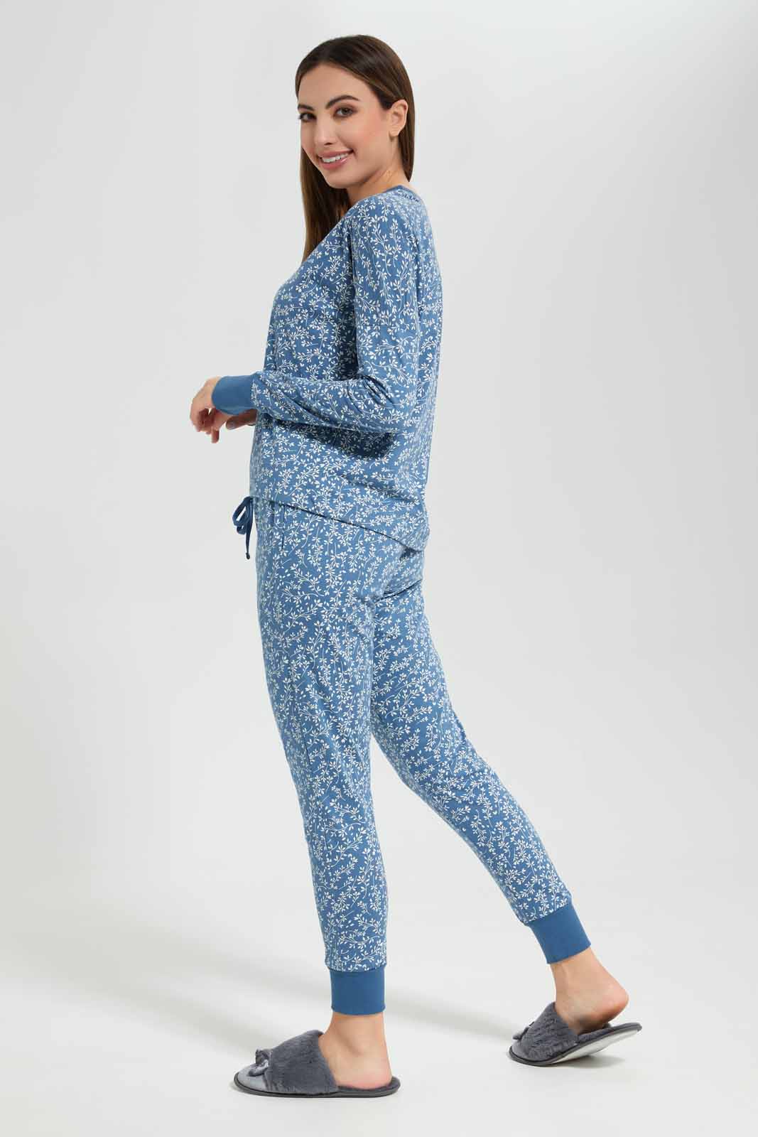 Redtag-Women-Navy-Color-Aop-Longsleeves-Pajama-Set-Category:Pyjama-Sets,-Colour:Navy,-Deals:New-In,-Filter:Women's-Clothing,-New-In-Women-APL,-Non-Sale,-Section:Women,-W22B,-Women-Pyjama-Sets--