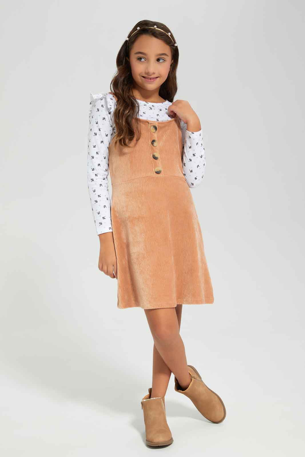 Redtag-Girls-White-Aop-T-Shirt-With-Pink-Velour-Outers-Sets-Category:Sets,-Colour:Assorted,-Deals:New-In,-Filter:Girls-(2-to-8-Yrs),-GIR-Sets,-New-In-GIR-APL,-Non-Sale,-Section:Girls-(0-to-14Yrs),-W22B-Girls-2 to 8 Years