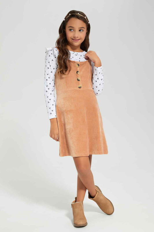 Redtag-Girls-White-Aop-T-Shirt-With-Pink-Velour-Outers-Sets-Category:Sets,-Colour:Assorted,-Deals:New-In,-Filter:Girls-(2-to-8-Yrs),-GIR-Sets,-New-In-GIR-APL,-Non-Sale,-Section:Girls-(0-to-14Yrs),-W22B-Girls-2 to 8 Years