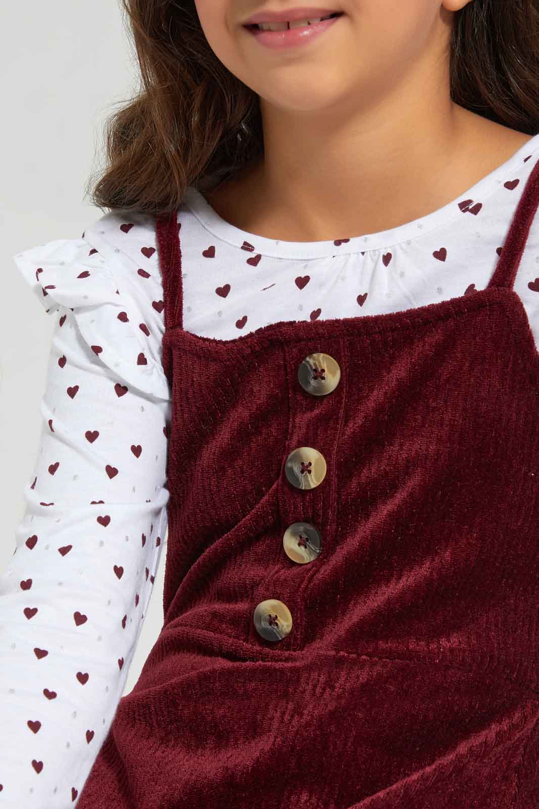 Redtag-Girls-White-Aop-T-Shirt-With-Burgundy-Velour-Outers-Sets-Category:Sets,-Colour:Assorted,-Deals:New-In,-Filter:Girls-(2-to-8-Yrs),-GIR-Sets,-New-In-GIR-APL,-Non-Sale,-Section:Girls-(0-to-14Yrs),-W22B-Girls-2 to 8 Years