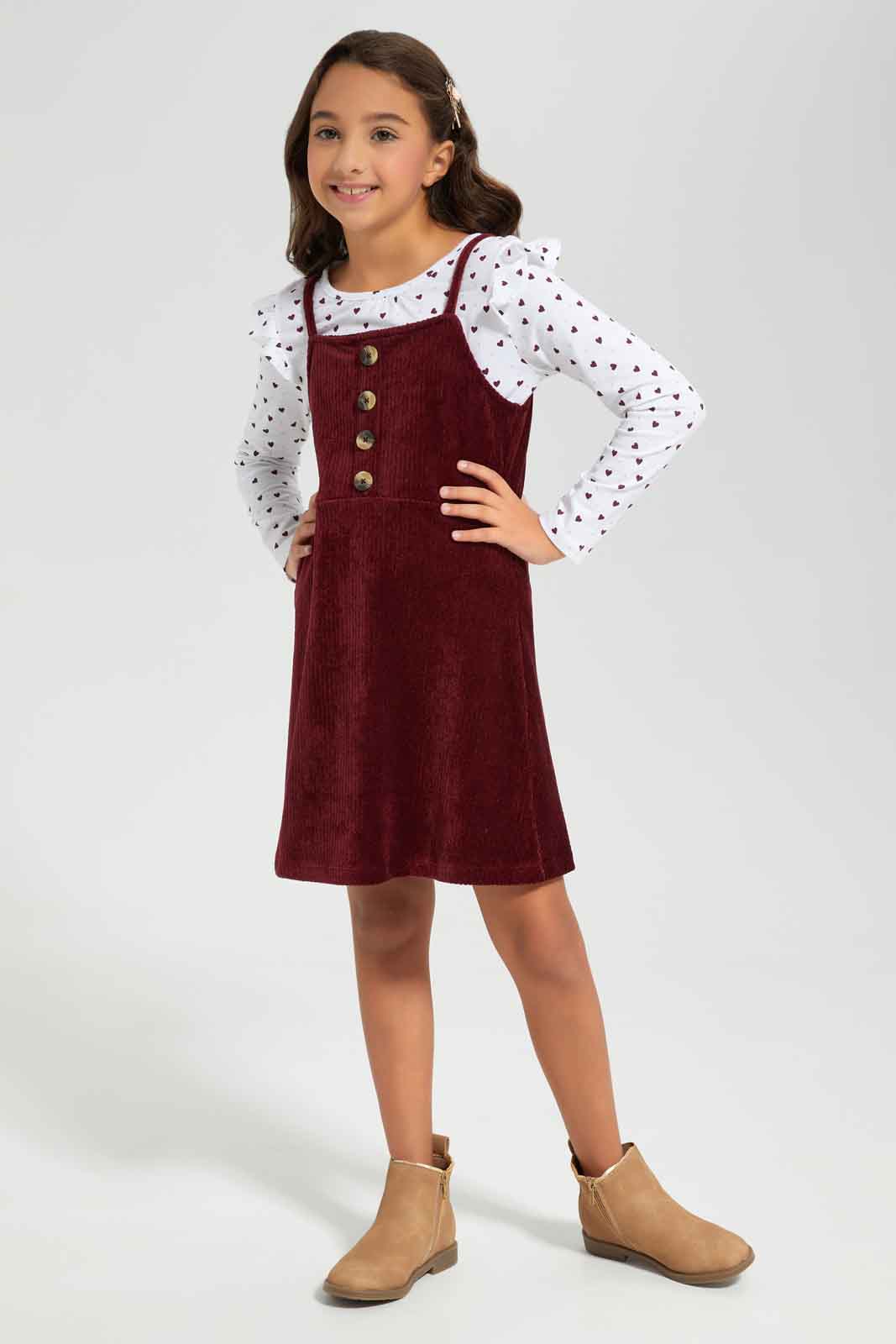 Redtag-Girls-White-Aop-T-Shirt-With-Burgundy-Velour-Outers-Sets-Category:Sets,-Colour:Assorted,-Deals:New-In,-Filter:Girls-(2-to-8-Yrs),-GIR-Sets,-New-In-GIR-APL,-Non-Sale,-Section:Girls-(0-to-14Yrs),-W22B-Girls-2 to 8 Years