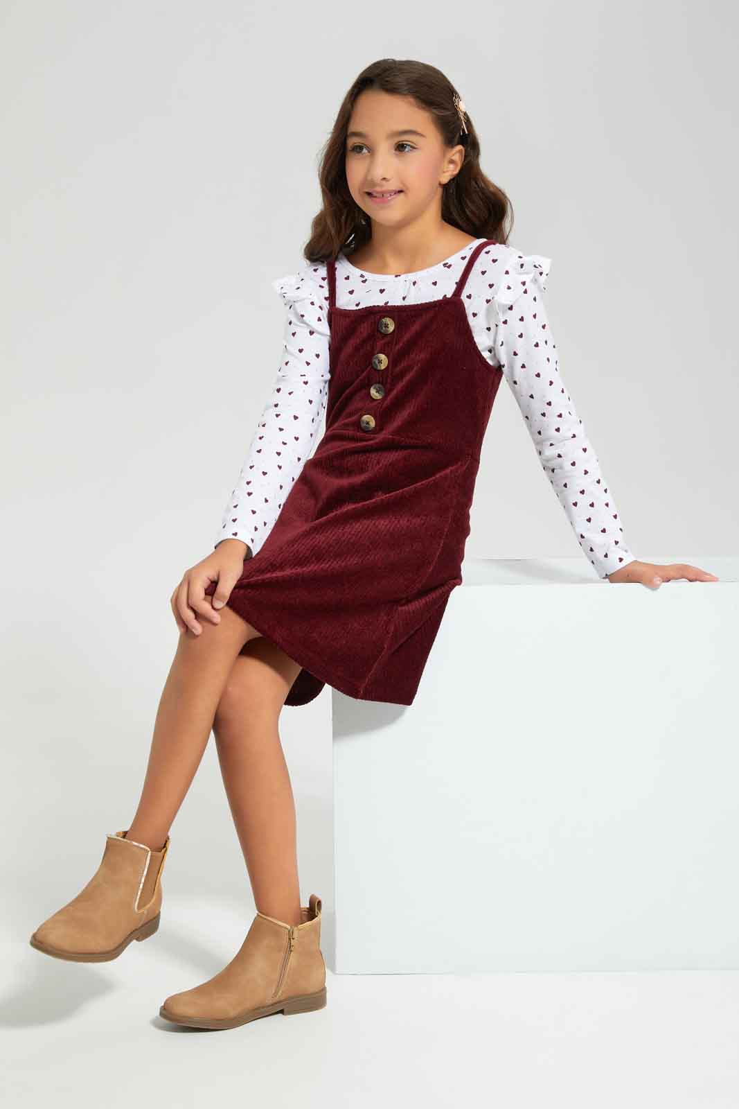 Redtag-Girls-White-Aop-T-Shirt-With-Burgundy-Velour-Outers-Sets-Category:Sets,-Colour:Assorted,-Deals:New-In,-Filter:Girls-(2-to-8-Yrs),-GIR-Sets,-New-In-GIR-APL,-Non-Sale,-Section:Girls-(0-to-14Yrs),-W22B-Girls-2 to 8 Years