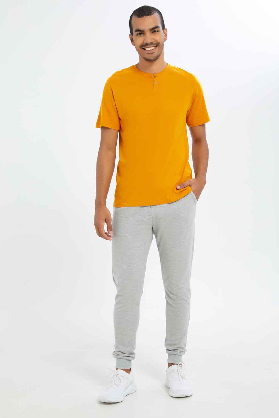Redtag-Men-Mustard-Henley-T-Shirt-Category:T-Shirts,-Colour:Mustard,-Deals:New-In,-Dept:Menswear,-Filter:Men's-Clothing,-Men-T-Shirts,-New-In-Men-APL,-Non-Sale,-S23B,-Section:Men,-TBL-Men's-