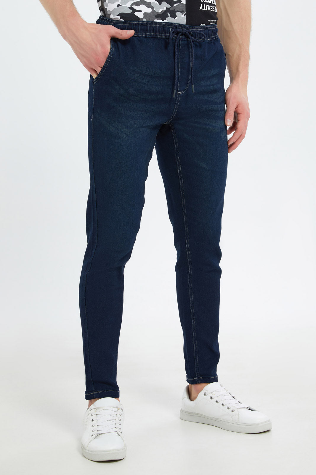 Redtag-Men-Rinse-Wash-Pull-On-Knit-Denim-Jeans-Category:Jeans,-Colour:Dark-Wash,-Deals:New-In,-Dept:Menswear,-Filter:Men's-Clothing,-Men-Jeans,-New-In-Men-APL,-Non-Sale,-S23B,-Section:Men,-TBL-Men's-