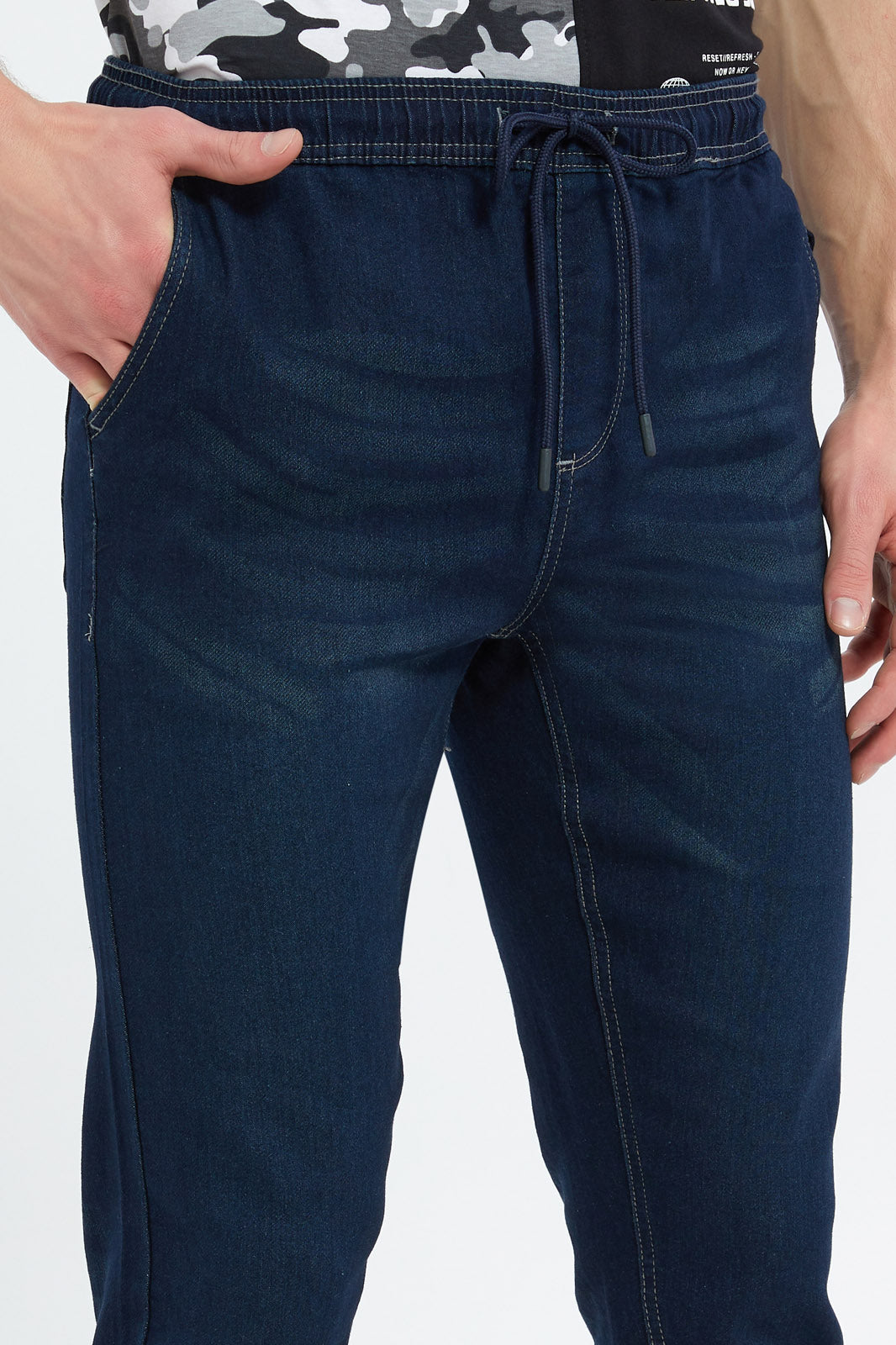 Redtag-Men-Rinse-Wash-Pull-On-Knit-Denim-Jeans-Category:Jeans,-Colour:Dark-Wash,-Deals:New-In,-Dept:Menswear,-Filter:Men's-Clothing,-Men-Jeans,-New-In-Men-APL,-Non-Sale,-S23B,-Section:Men,-TBL-Men's-