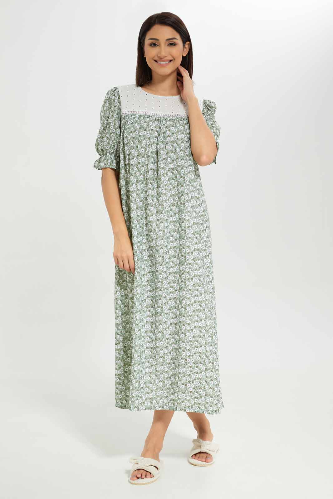Redtag-Women-Green-Color-3/4Leeves-Aop-Nightgown-Category:Nightgowns,-Colour:Green,-Deals:New-In,-Dept:Ladieswear,-Filter:Women's-Clothing,-New-In-Women-APL,-Non-Sale,-S23A,-Section:Women,-Women-Nightgowns--