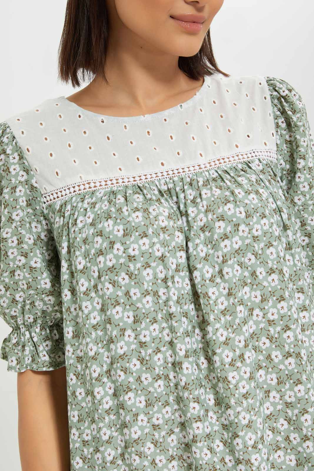 Redtag-Women-Green-Color-3/4Leeves-Aop-Nightgown-Category:Nightgowns,-Colour:Green,-Deals:New-In,-Dept:Ladieswear,-Filter:Women's-Clothing,-New-In-Women-APL,-Non-Sale,-S23A,-Section:Women,-Women-Nightgowns--