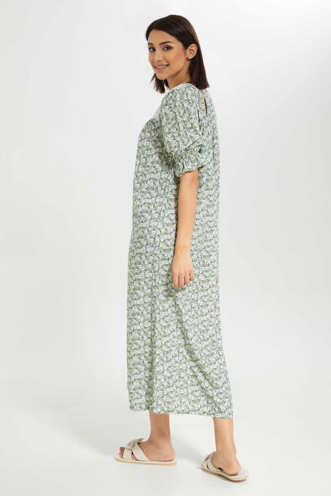 Redtag-Women-Green-Color-3/4Leeves-Aop-Nightgown-Category:Nightgowns,-Colour:Green,-Deals:New-In,-Dept:Ladieswear,-Filter:Women's-Clothing,-New-In-Women-APL,-Non-Sale,-S23A,-Section:Women,-Women-Nightgowns--
