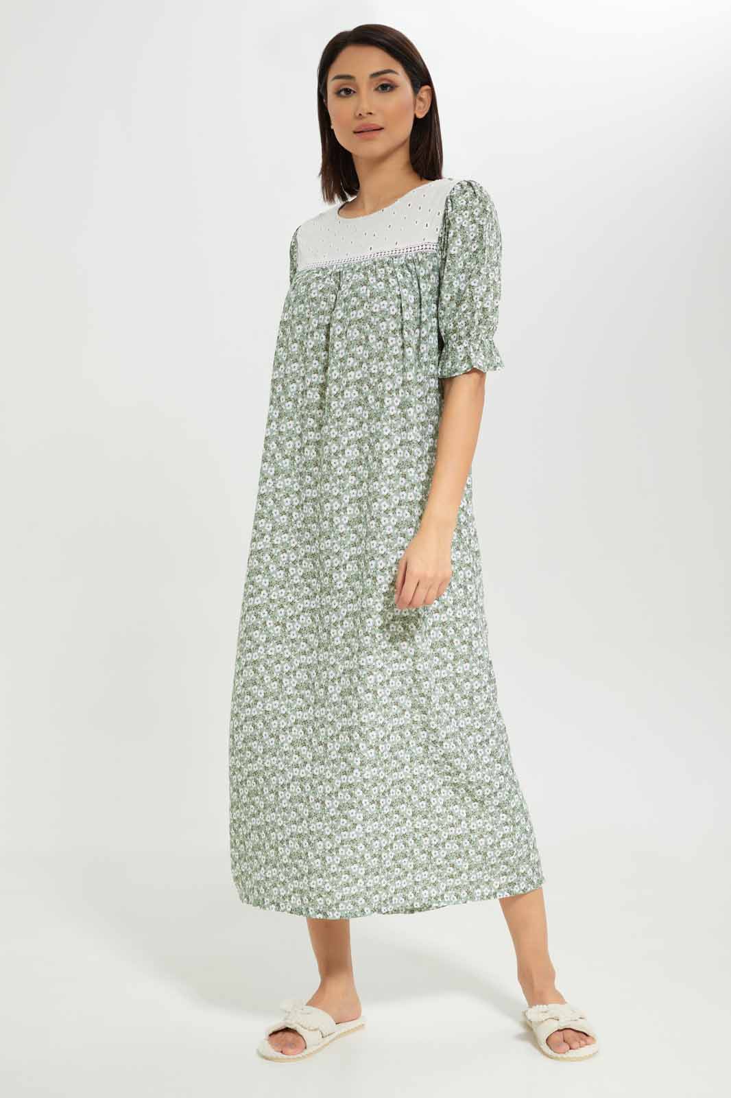 Redtag-Women-Green-Color-3/4Leeves-Aop-Nightgown-Category:Nightgowns,-Colour:Green,-Deals:New-In,-Dept:Ladieswear,-Filter:Women's-Clothing,-New-In-Women-APL,-Non-Sale,-S23A,-Section:Women,-Women-Nightgowns--