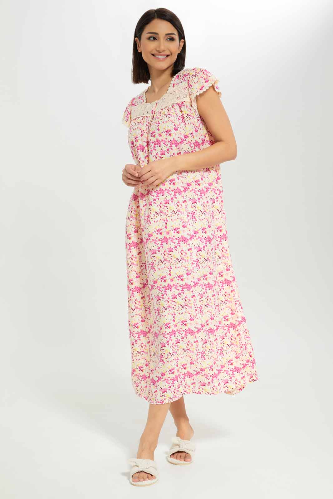 Redtag-Women-White-Color-Capsleeves-Aop-Nightgown-Category:Nightgowns,-Colour:White,-Deals:New-In,-Dept:Ladieswear,-Filter:Women's-Clothing,-New-In-Women-APL,-Non-Sale,-S23A,-Section:Women,-Women-Nightgowns--