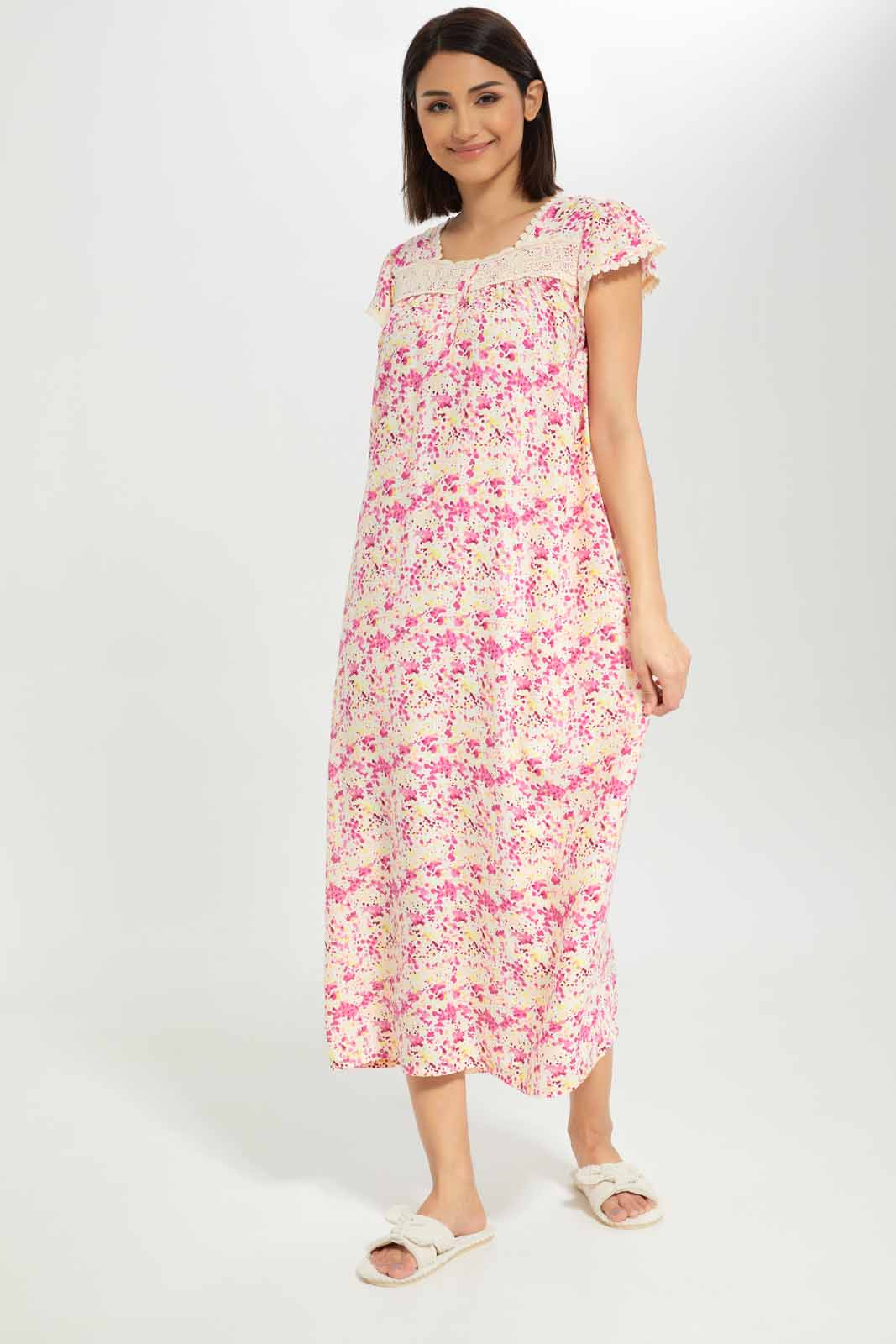 Redtag-Women-White-Color-Capsleeves-Aop-Nightgown-Category:Nightgowns,-Colour:White,-Deals:New-In,-Dept:Ladieswear,-Filter:Women's-Clothing,-New-In-Women-APL,-Non-Sale,-S23A,-Section:Women,-Women-Nightgowns--
