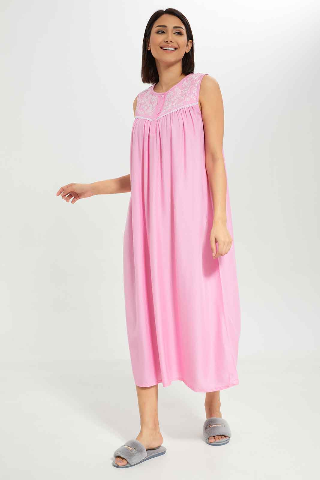 Redtag-Women-Pink-Color-Sleevesless-Embroidered-Nightgown-Category:Nightgowns,-Colour:Apricot,-Deals:New-In,-Dept:Ladieswear,-Filter:Women's-Clothing,-New-In-Women-APL,-Non-Sale,-S23A,-Section:Women,-Women-Nightgowns--