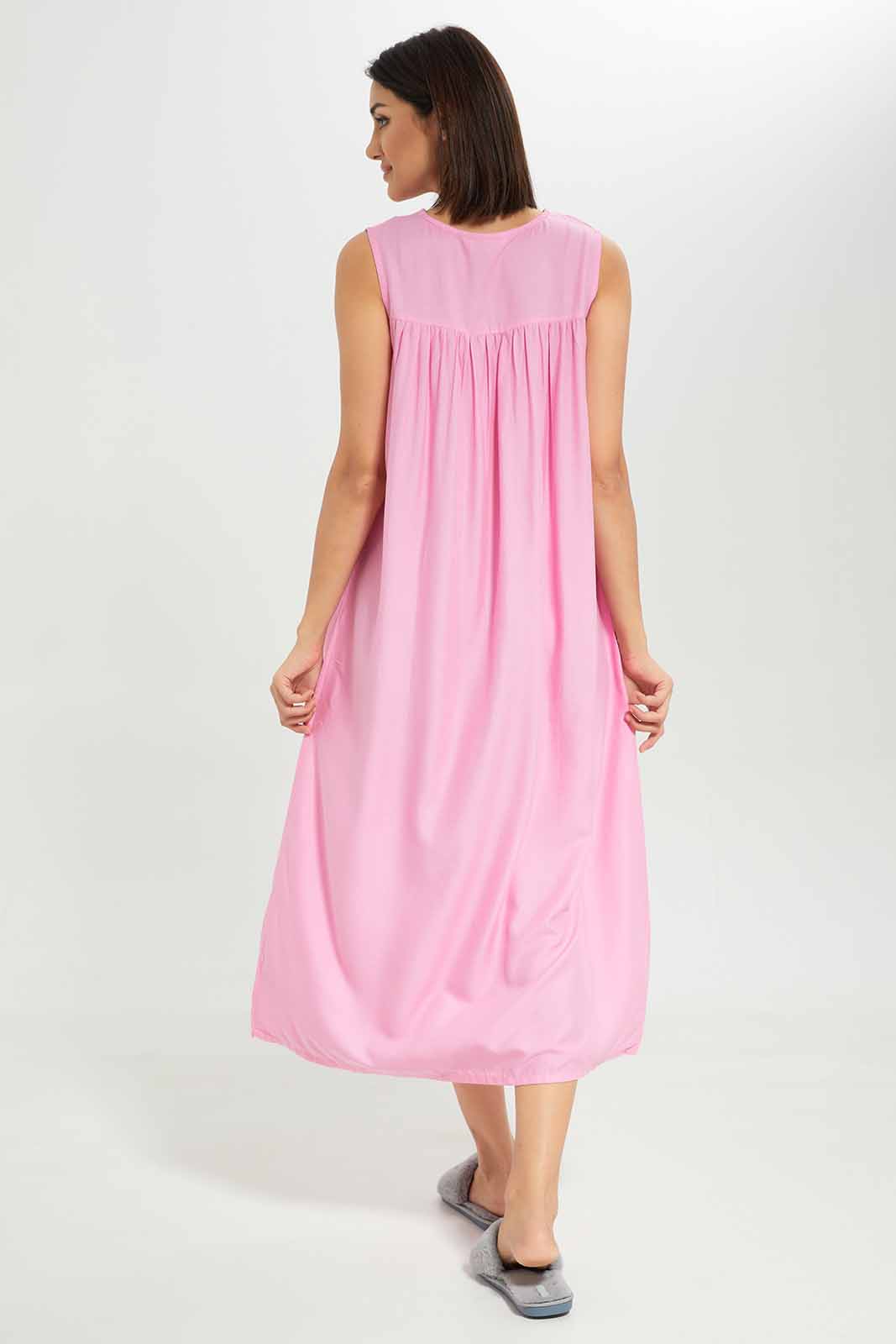 Redtag-Women-Pink-Color-Sleevesless-Embroidered-Nightgown-Category:Nightgowns,-Colour:Apricot,-Deals:New-In,-Dept:Ladieswear,-Filter:Women's-Clothing,-New-In-Women-APL,-Non-Sale,-S23A,-Section:Women,-Women-Nightgowns--