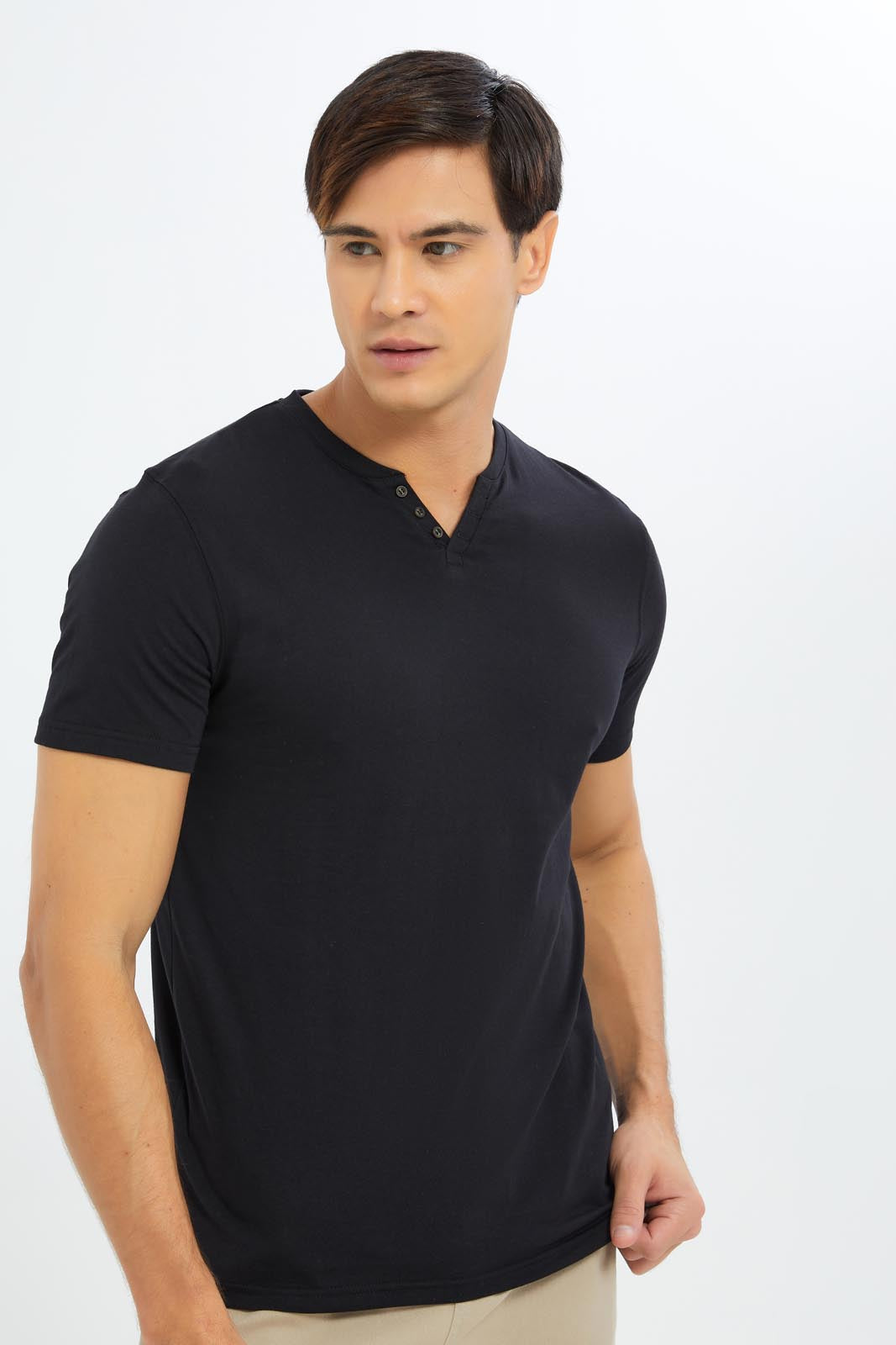 Redtag-Men-Black-Notch-Neck-T-Shirt-Category:T-Shirts,-Colour:Black,-Deals:New-In,-Dept:Menswear,-Filter:Men's-Clothing,-Men-T-Shirts,-New-In-Men-APL,-Non-Sale,-S23C,-Section:Men-Men's-