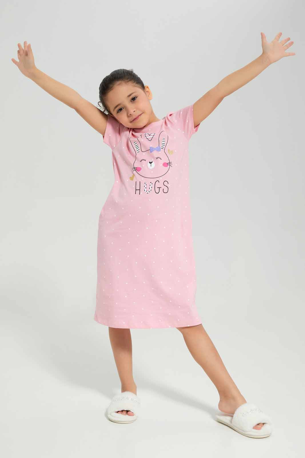 Redtag-Girls-Night-Shirt-â€“-Bunny-Spot-Print-Sage-Category:Nightshirts,-CHR,-Colour:Green,-Deals:New-In,-Filter:Girls-(2-to-8-Yrs),-GIR-Nightshirts,-New-In-GIR-APL,-Non-Sale,-Section:Girls-(0-to-14Yrs),-W22B-Girls-2 to 8 Years