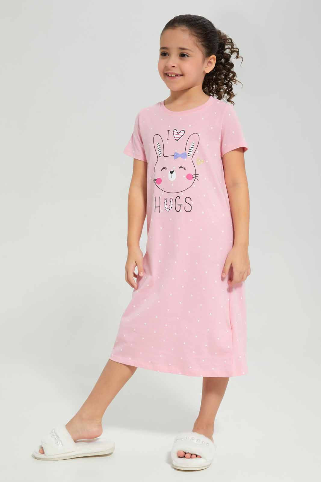 Redtag-Girls-Night-Shirt-â€“-Bunny-Spot-Print-Sage-Category:Nightshirts,-CHR,-Colour:Green,-Deals:New-In,-Filter:Girls-(2-to-8-Yrs),-GIR-Nightshirts,-New-In-GIR-APL,-Non-Sale,-Section:Girls-(0-to-14Yrs),-W22B-Girls-2 to 8 Years
