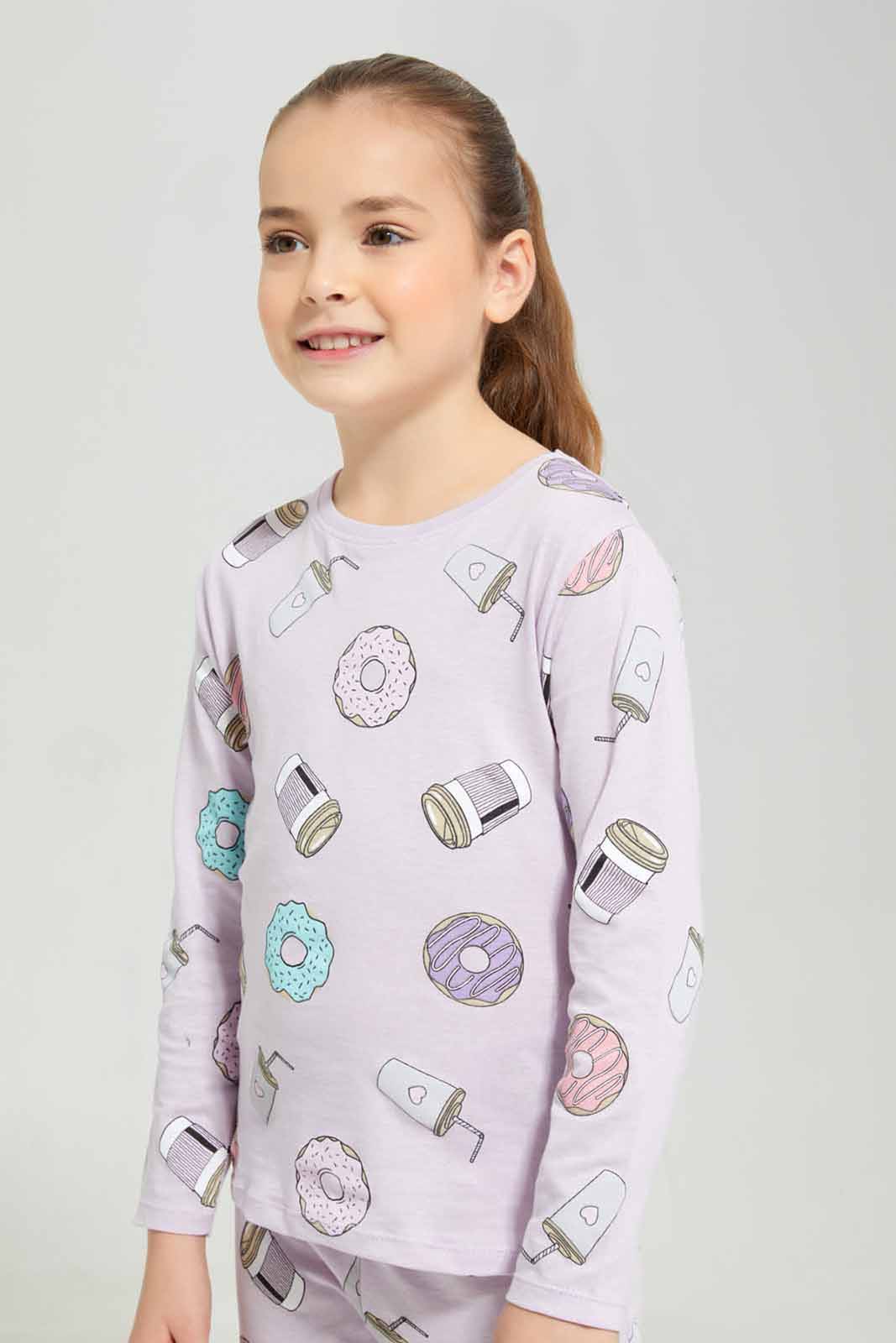 Redtag-Girls-Aop-Lilac-Donuts-Pj-Set-Category:Pyjama-Sets,-Colour:Lilac,-Deals:New-In,-Filter:Girls-(2-to-8-Yrs),-GIR-Pyjama-Sets,-New-In-GIR-APL,-Non-Sale,-Section:Girls-(0-to-14Yrs),-W22B-Girls-2 to 8 Years