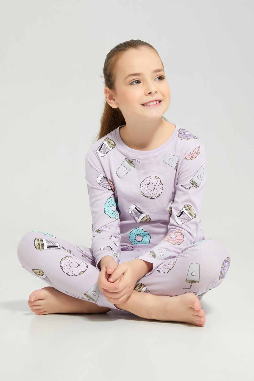 Redtag-Girls-Aop-Lilac-Donuts-Pj-Set-Category:Pyjama-Sets,-Colour:Lilac,-Deals:New-In,-Filter:Girls-(2-to-8-Yrs),-GIR-Pyjama-Sets,-New-In-GIR-APL,-Non-Sale,-Section:Girls-(0-to-14Yrs),-W22B-Girls-2 to 8 Years