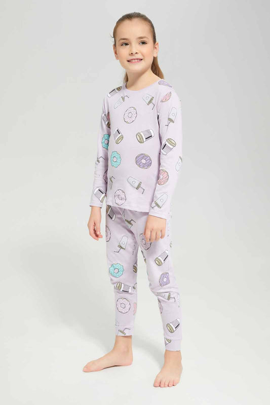 Redtag-Girls-Aop-Lilac-Donuts-Pj-Set-Category:Pyjama-Sets,-Colour:Lilac,-Deals:New-In,-Filter:Girls-(2-to-8-Yrs),-GIR-Pyjama-Sets,-New-In-GIR-APL,-Non-Sale,-Section:Girls-(0-to-14Yrs),-W22B-Girls-2 to 8 Years