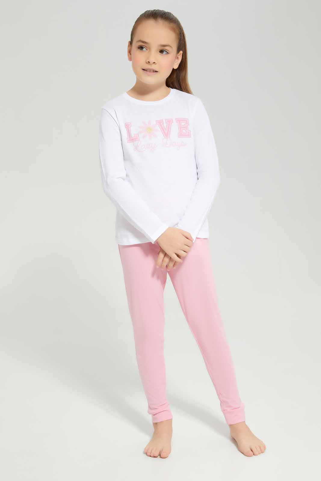 Redtag-Girls-Ls-Pj-Set-â€“-Pink-Slogan-Category:Pyjama-Sets,-Colour:Apricot,-Deals:New-In,-Filter:Girls-(2-to-8-Yrs),-GIR-Pyjama-Sets,-New-In-GIR-APL,-Non-Sale,-Section:Girls-(0-to-14Yrs),-W22B-Girls-2 to 8 Years
