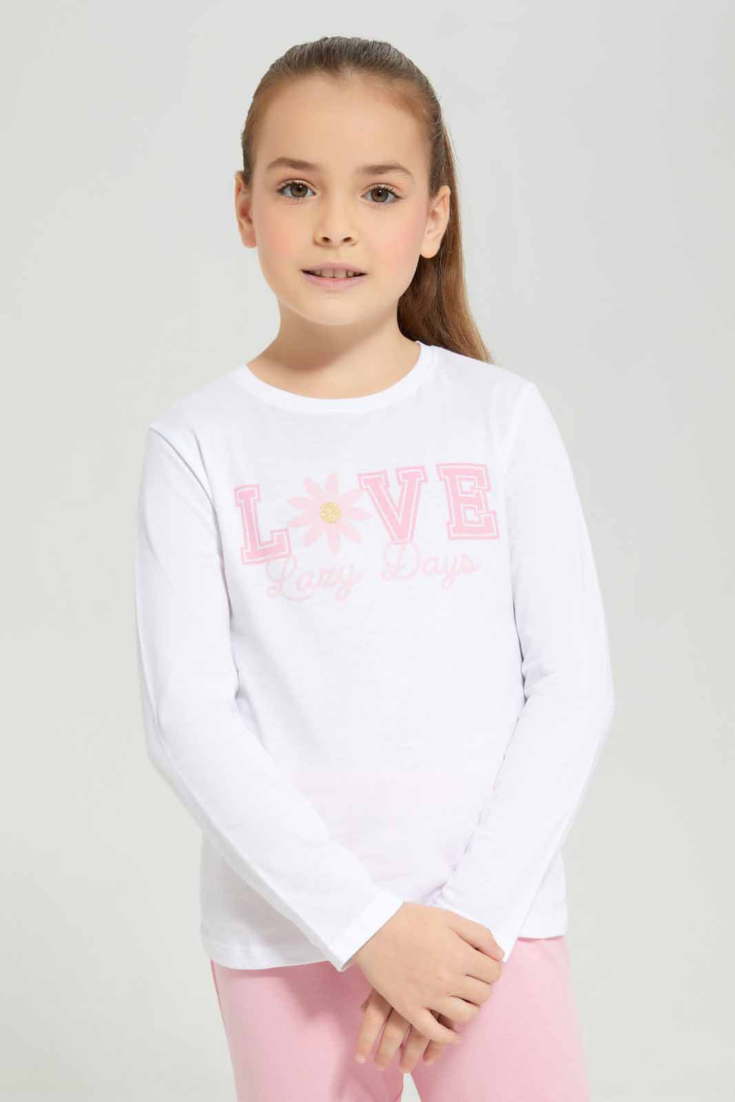Redtag-Girls-Ls-Pj-Set-â€“-Pink-Slogan-Category:Pyjama-Sets,-Colour:Apricot,-Deals:New-In,-Filter:Girls-(2-to-8-Yrs),-GIR-Pyjama-Sets,-New-In-GIR-APL,-Non-Sale,-Section:Girls-(0-to-14Yrs),-W22B-Girls-2 to 8 Years