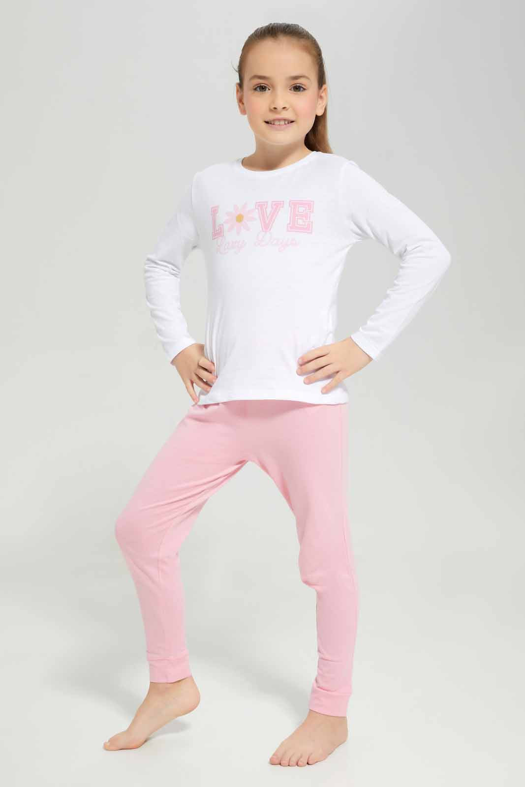 Redtag-Girls-Ls-Pj-Set-â€“-Pink-Slogan-Category:Pyjama-Sets,-Colour:Apricot,-Deals:New-In,-Filter:Girls-(2-to-8-Yrs),-GIR-Pyjama-Sets,-New-In-GIR-APL,-Non-Sale,-Section:Girls-(0-to-14Yrs),-W22B-Girls-2 to 8 Years