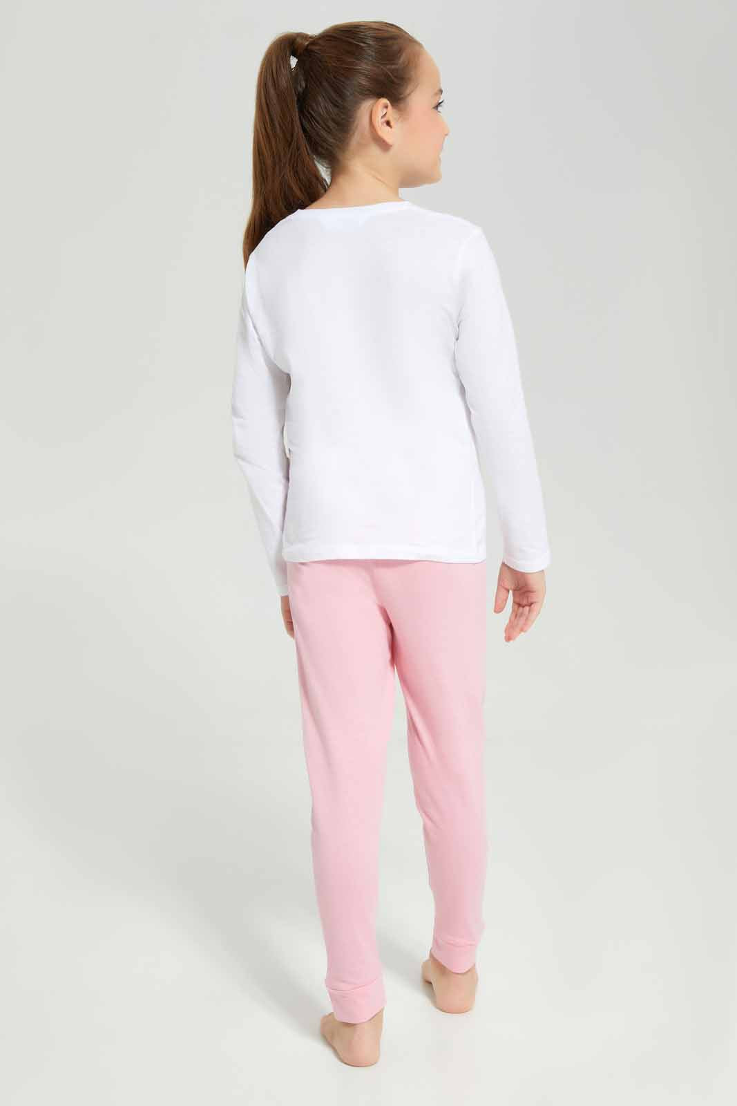 Redtag-Girls-Ls-Pj-Set-â€“-Pink-Slogan-Category:Pyjama-Sets,-Colour:Apricot,-Deals:New-In,-Filter:Girls-(2-to-8-Yrs),-GIR-Pyjama-Sets,-New-In-GIR-APL,-Non-Sale,-Section:Girls-(0-to-14Yrs),-W22B-Girls-2 to 8 Years