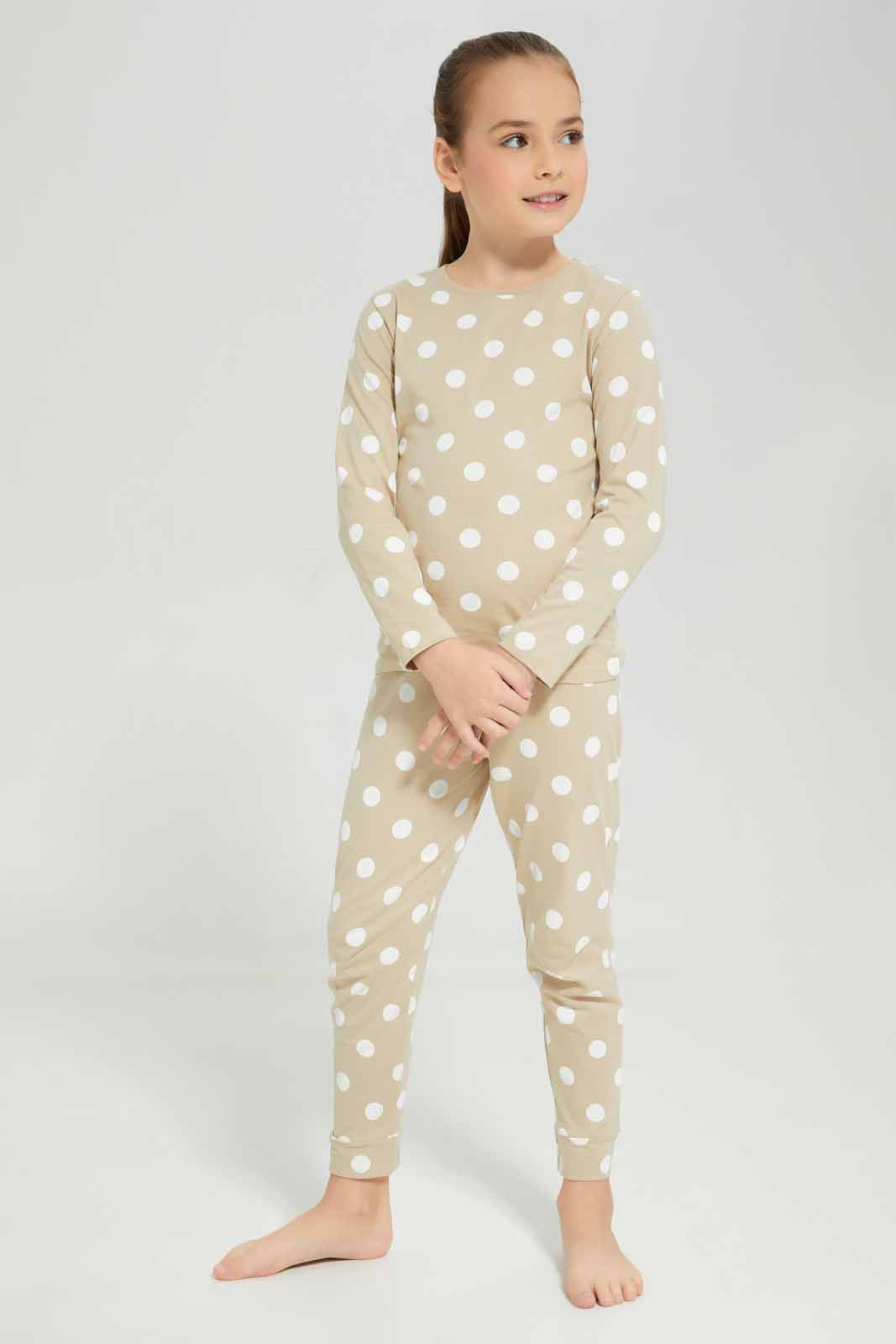 Redtag-Girls-Ls-Pj-Set-â€“-Beige-Spot-Category:Pyjama-Sets,-Colour:Beige,-Deals:New-In,-Filter:Girls-(2-to-8-Yrs),-GIR-Pyjama-Sets,-New-In-GIR-APL,-Non-Sale,-Section:Girls-(0-to-14Yrs),-W22B-Girls-2 to 8 Years