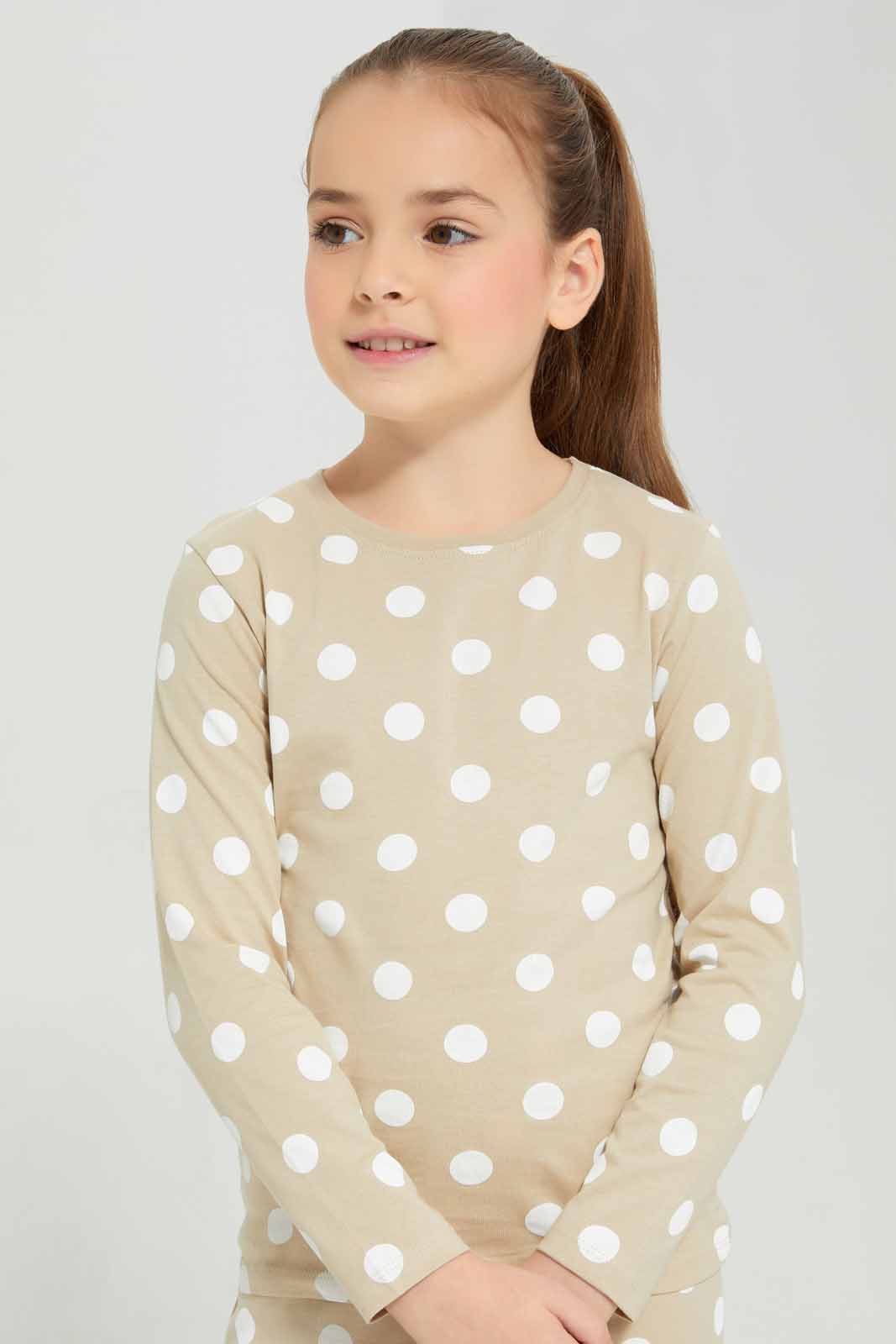 Redtag-Girls-Ls-Pj-Set-â€“-Beige-Spot-Category:Pyjama-Sets,-Colour:Beige,-Deals:New-In,-Filter:Girls-(2-to-8-Yrs),-GIR-Pyjama-Sets,-New-In-GIR-APL,-Non-Sale,-Section:Girls-(0-to-14Yrs),-W22B-Girls-2 to 8 Years