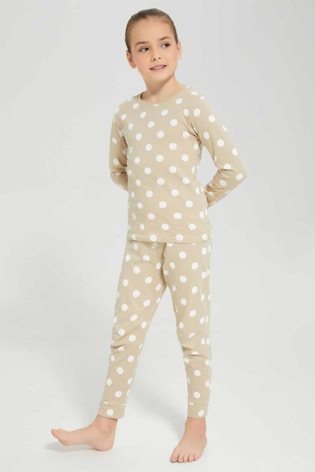 Redtag-Girls-Ls-Pj-Set-â€“-Beige-Spot-Category:Pyjama-Sets,-Colour:Beige,-Deals:New-In,-Filter:Girls-(2-to-8-Yrs),-GIR-Pyjama-Sets,-New-In-GIR-APL,-Non-Sale,-Section:Girls-(0-to-14Yrs),-W22B-Girls-2 to 8 Years