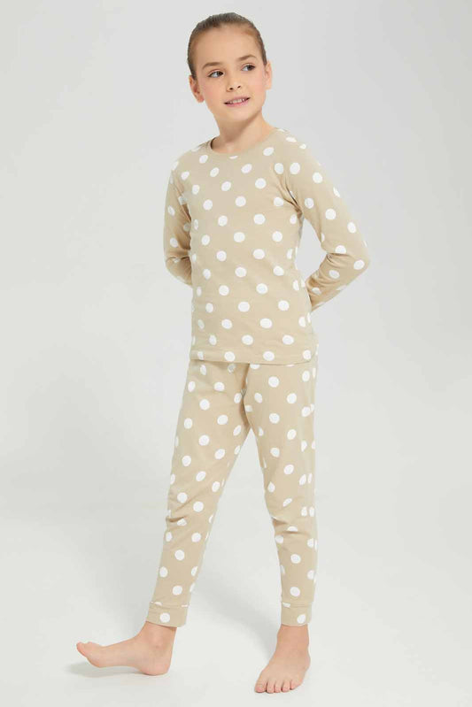 Redtag-Girls-Ls-Pj-Set-â€“-Beige-Spot-Category:Pyjama-Sets,-Colour:Beige,-Deals:New-In,-Filter:Girls-(2-to-8-Yrs),-GIR-Pyjama-Sets,-New-In-GIR-APL,-Non-Sale,-Section:Girls-(0-to-14Yrs),-W22B-Girls-2 to 8 Years